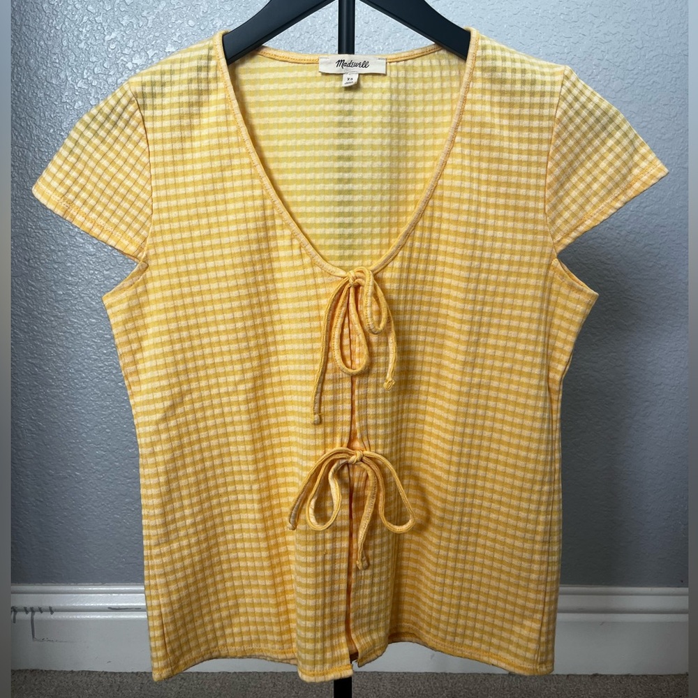 Madewell Yellow and White Cap Sleeve Tie-Front Blouse